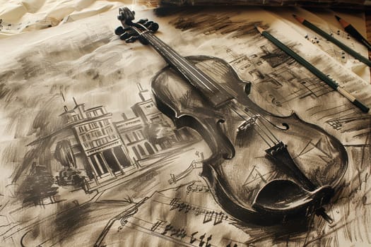 A captivating and intriguing black and white artwork showcasing a violin, beautifully blending music and visual art