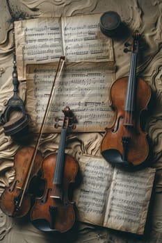 An artistic arrangement of violins, sheet music, and musical accessories showcasing classical music.