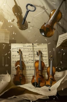 A captivating scene featuring violins, intricate sheet music, and an elegant key, evoking deep musical inspiration