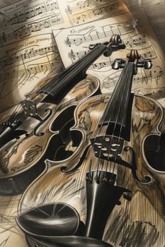 A captivating composition of beautiful violins displayed on vintage sheet music, symbolizing musical artistry