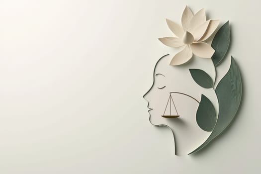 This artistic paper cut design beautifully showcases a serene face silhouette, elegantly adorned with a lotus flower