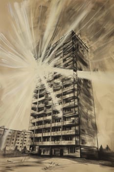 A striking portrayal of an impressive urban highrise building surrounded by a dramatic and chaotic explosion effect