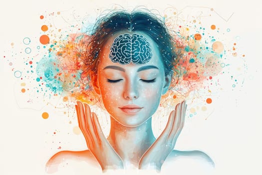 A serene woman meditating surrounded by vibrant colors and abstract art, embodying peace and mindfulness.