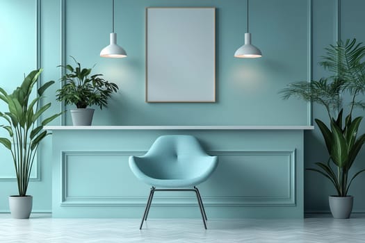 A serene and inviting contemporary room decorated with calming green walls, a cozy armchair, and lush plants