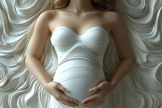 This captivating maternity shot beautifully showcases a loving mother as she cradles her baby bump with care