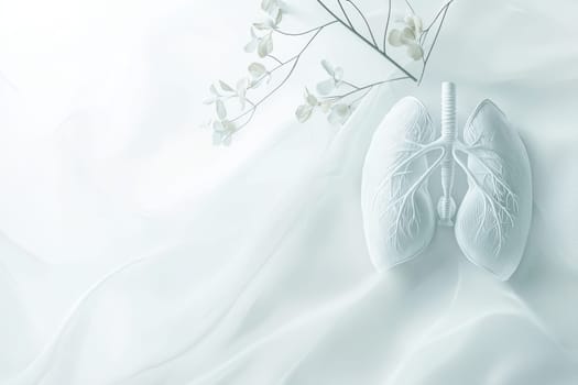 A serene composition of white lungs entwined with soft flowers on a light background, creating tranquility