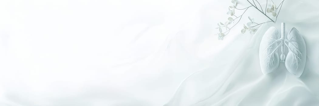 A detailed, intricate depiction of human lungs designed on luxurious white fabric, symbolizing health and purity