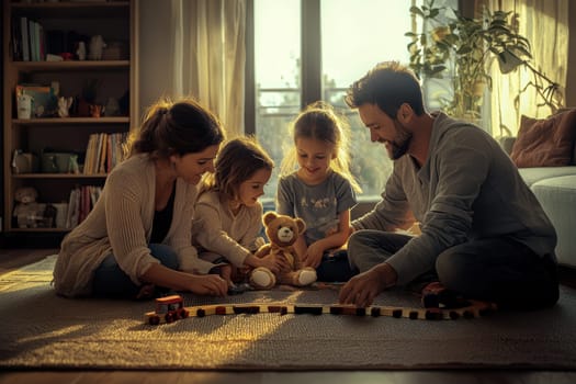 A delightful and warm family moment of engaging playtime with children and their beloved teddy bear in a cozy setting