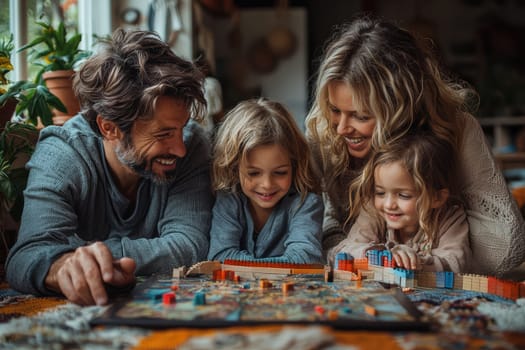 A joyful family happily enjoys quality time while playing board games together in their cozy living room