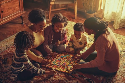 A heartwarming scene capturing a loving family joyfully enjoying a game night together, bonding and laughing happily