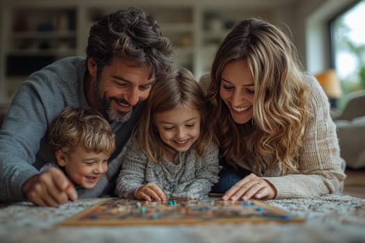 A joyful and happy family gathers together in a cozy indoor setting to spend quality time playing board games