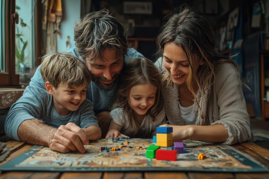 A joyful family moment spent playing an engaging board game with colorful blocks and laughter all around together