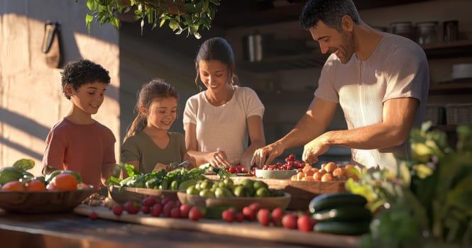 A happy family enjoys cooking with fresh vegetables and fruits in a sunlit kitchen full of warmth and togetherness