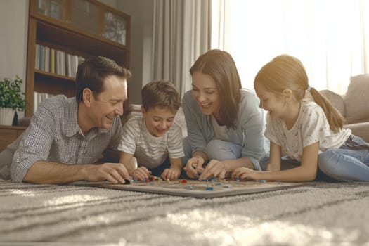 A cheerful family is happily enjoying quality time together while playing board games on the living room floor
