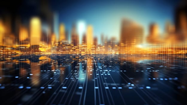 City skyline at dusk displays glowing lights and digital patterns reflected in water, creating a futuristic atmosphere and vibrant colors - Generative AI