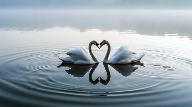 Two elegant swans swim closely together in a serene lake, forming a heart shape with their necks. The soft morning light reflects on the water surface, creating ripples - Generative AI