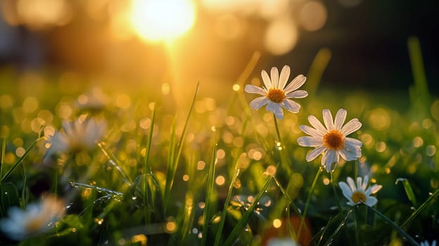 Daisies bloom in a lush meadow, captured in the warm glow of morning sunlight. Dewdrops shimmer on the grass, creating a tranquil and refreshing atmosphere - Generative AI