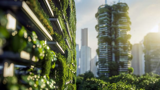 Towering structures covered in greenery stand amidst a bustling city, showcasing sustainable architecture with abundant plants - Generative AI