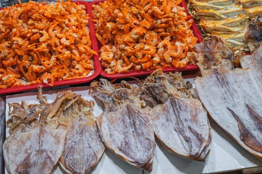 dried fish, squid and shrimp on the Asian market in Vietnam
