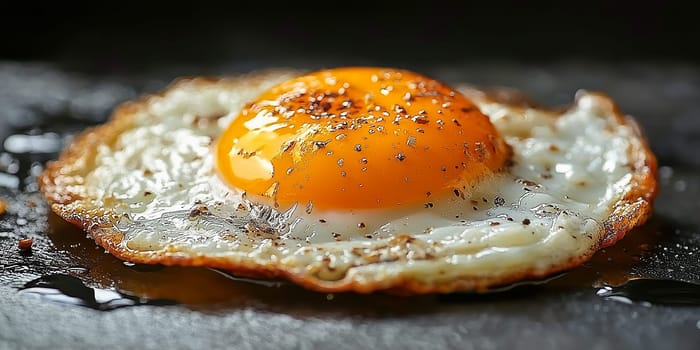Fried egg, cooked in oil, seasoned with pepper. A close-up view.