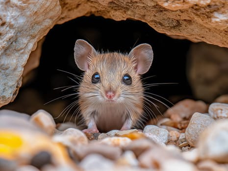 A small mouse (species unknown) peeks out of a rocky crevice. Its curious gaze suggests exploration or seeking safety. The close-up highlights the animal's vulnerability and the natural habitat.