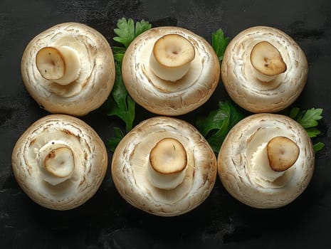 Fresh button mushrooms, ready for cooking, are arranged on a dark surface with parsley. No people are involved.
