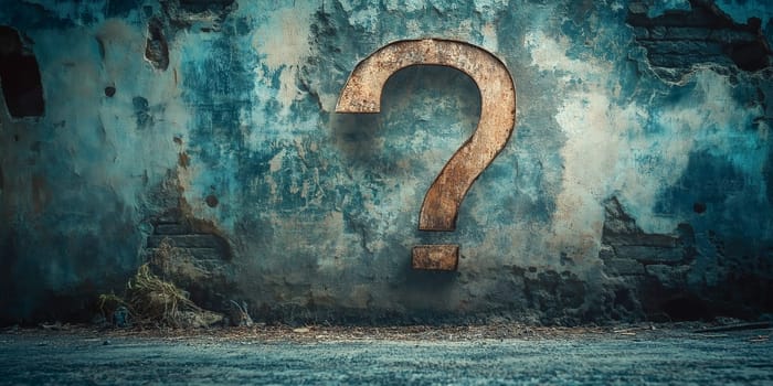 Rusty question mark affixed to a weathered wall. The decaying structure hints at unanswered questions and forgotten stories.
