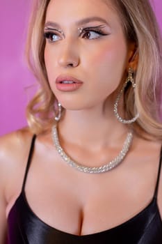 A breathtaking portrait that features a model exhibiting radiant makeup, exquisite jewelry, and a glamorous pose
