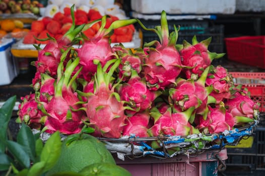 fresh dragon fruit or pitahaya at the Asian food market in Asia in Vietnam