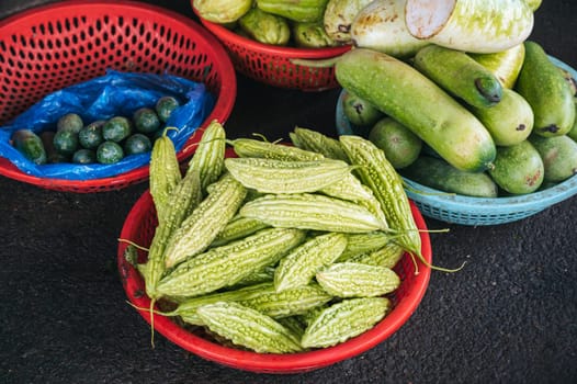 assortment of fresh vegetables at the street farmer's vegetable market in Asia in Vietnam