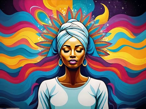 meditation girl outline flowers sun sunset sunrise prayer symbol person illustration color drawing mountain landscape art abstract picture painting poster decor design . High quality illustration generation ai alt