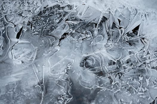 Frozen stream and ice closeup photo. Beautiful winter abstract background in nature. Concept for water and winter time