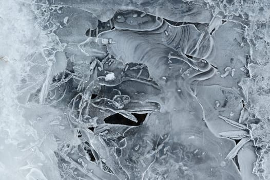 Frozen stream and ice closeup photo. Beautiful winter abstract background in nature. Concept for water and winter time