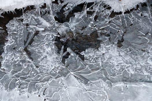 Frozen stream and ice closeup photo. Beautiful winter abstract background in nature. Concept for water and winter time