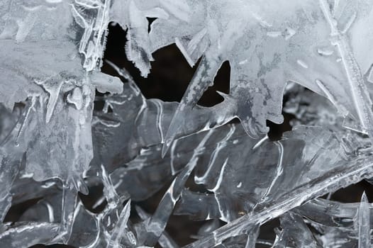 Frozen stream and ice closeup photo. Beautiful winter abstract background in nature. Concept for water and winter time