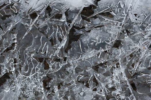 Frozen stream and ice closeup photo. Beautiful winter abstract background in nature. Concept for water and winter time