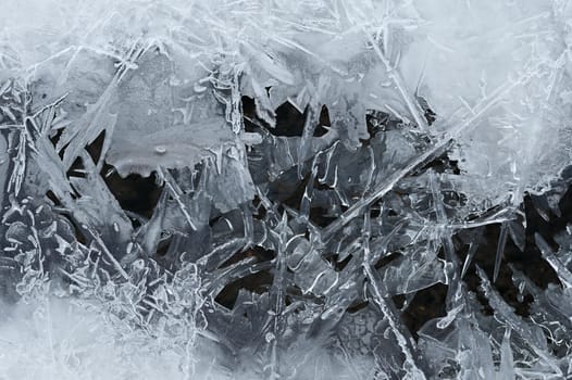 Frozen stream and ice closeup photo. Beautiful winter abstract background in nature. Concept for water and winter time