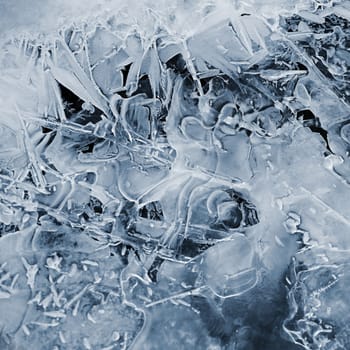Frozen stream and ice closeup photo. Beautiful winter abstract background in nature. Concept for water and winter time