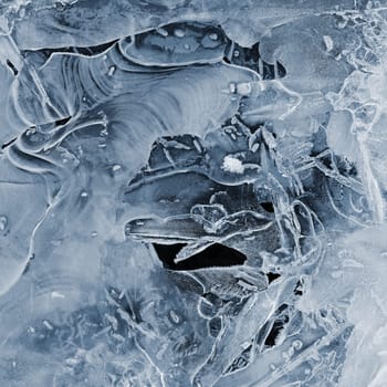 Frozen stream and ice closeup photo. Beautiful winter abstract background in nature. Concept for water and winter time