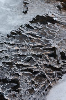Frozen stream and ice closeup photo. Beautiful winter abstract background in nature. Concept for water and winter time