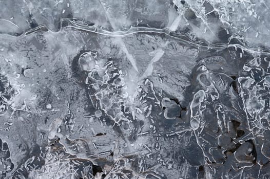 Frozen stream and ice closeup photo. Beautiful winter abstract background in nature. Concept for water and winter time