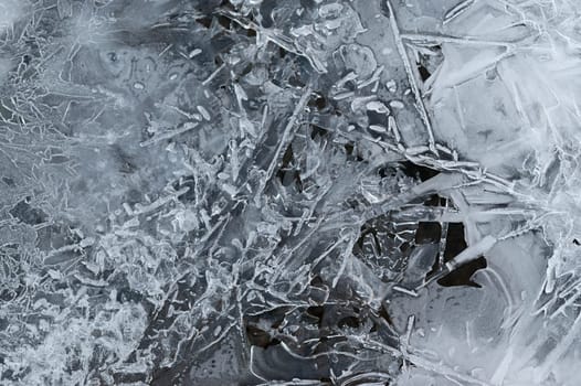 Frozen stream and ice closeup photo. Beautiful winter abstract background in nature. Concept for water and winter time