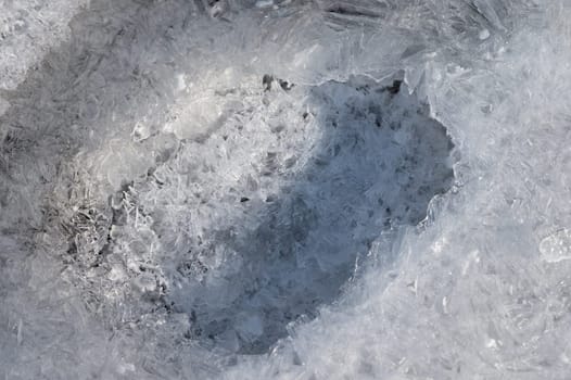 Frozen stream and ice closeup photo. Beautiful winter abstract background in nature. Concept for water and winter time
