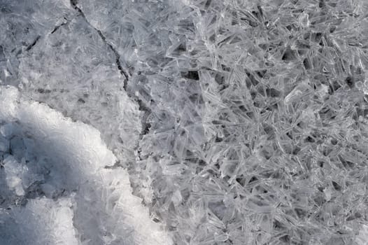 Frozen stream and ice closeup photo. Beautiful winter abstract background in nature. Concept for water and winter time