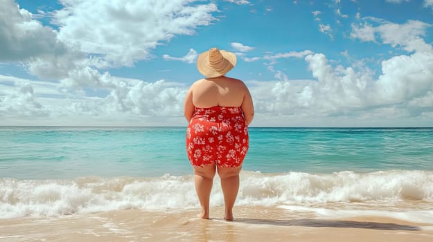 A fat woman stands by the seashore on a sunny day and looks into the distance. Ai art