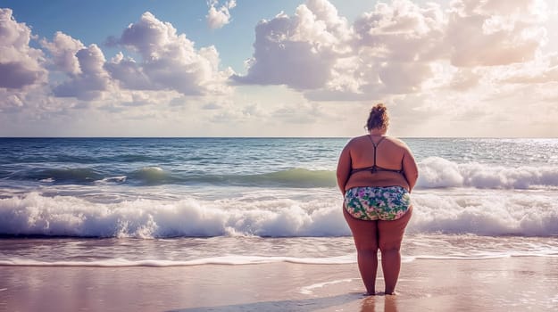 A fat woman stands by the seashore on a sunny day and looks into the distance. Ai art
