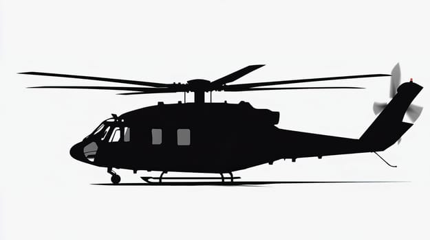 Black silhouette of helicopter on white background. Ai art
