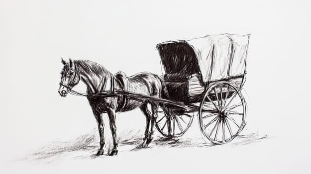 Black silhouette of horse and carriage on white background. Ai art