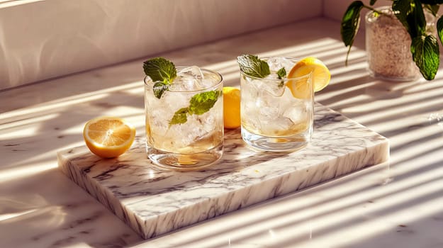 Refreshing drink cocktail with citrus in a glass. Ai art