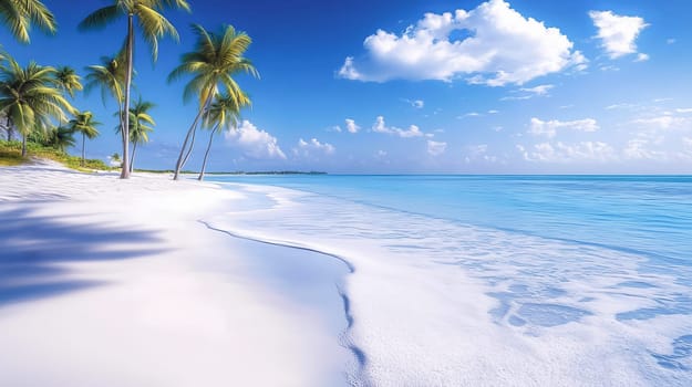 Long sandy beach with palm trees by the sea sunny clear day. Ai art